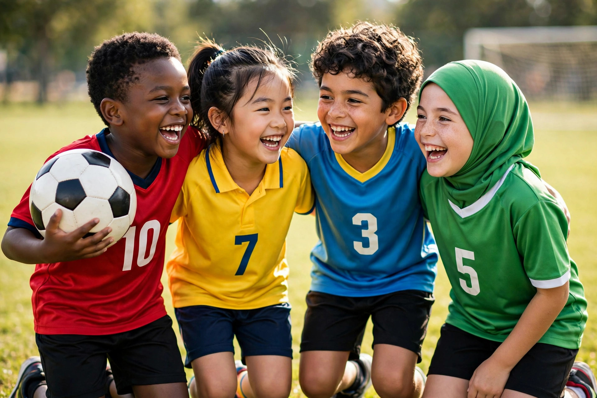 Happy kids in colorful soccer jerseys